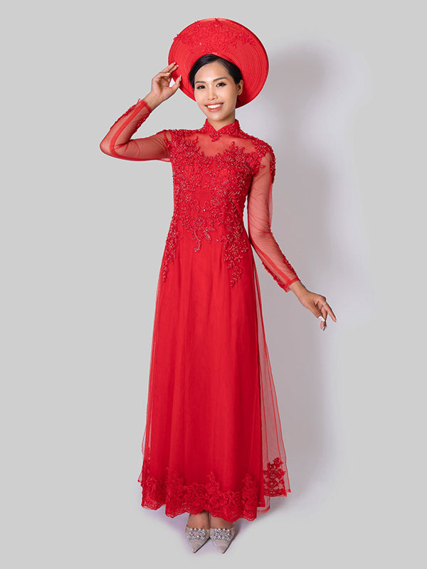 Red Short Cut Ao Dai Wedding Vietnamese Dress ST111 aodaistyle Red Short Cut Ao Dai Wedding Vietnamese Dress ST111 aodaistyle