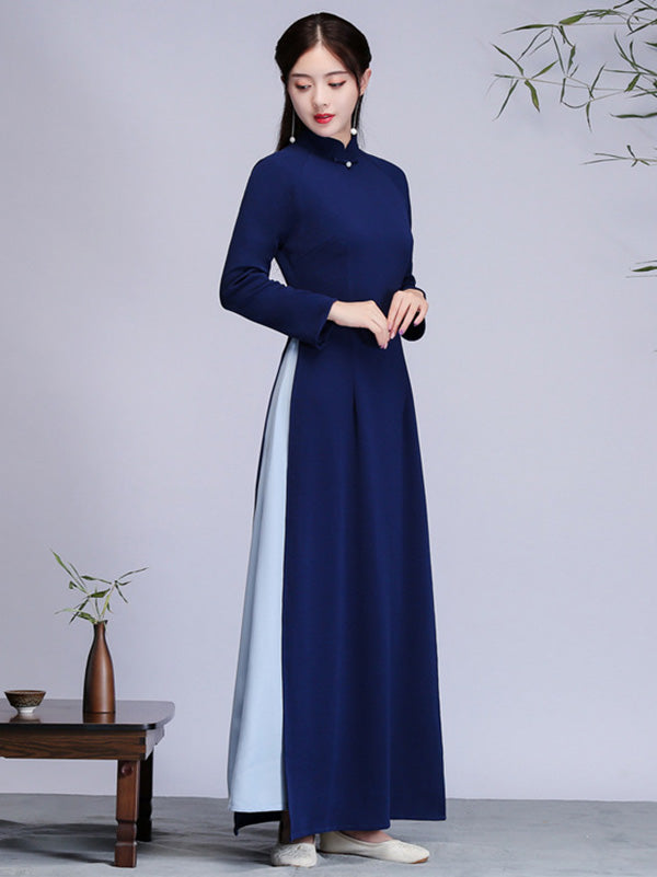 Ao Dai Vietnamese Dress Long Sleeves Blue Aodaistyle – aodaistyle Ao Dai Vietnamese Dress Long Sleeves Blue Aodaistyle – aodaistyle