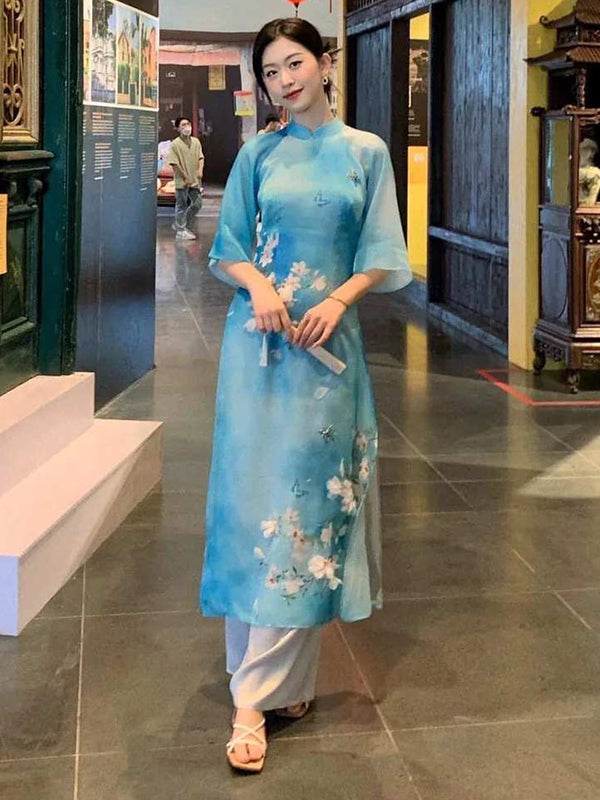 Ao Dai Dress Blue Vietnamese Ao Dai Dress Includes One Ao Dai Top And – aodaistyle Ao Dai Dress Blue Vietnamese Ao Dai Dress Includes One Ao Dai Top And – aodaistyle