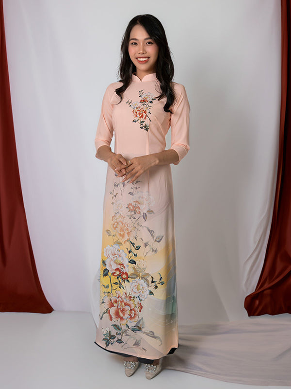 Light Pink Silk Print Ao Dai Vietnamese Dress aodaistyle Light Pink Silk Print Ao Dai Vietnamese Dress aodaistyle