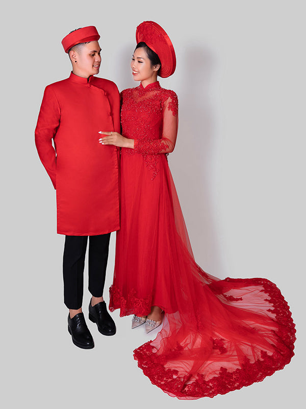 Red Silk Women's & Men's Wedding Couple Vietnamese Ao Dai aodaistyle Red Silk Women's & Men's Wedding Couple Vietnamese Ao Dai aodaistyle