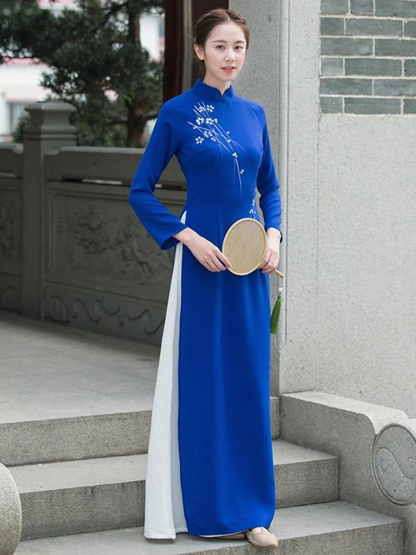 Ao Dai Vietnamese Dress Long Flare Sleeves Blue Aodaistyle aodaistyle Ao Dai Vietnamese Dress Long Flare Sleeves Blue Aodaistyle aodaistyle