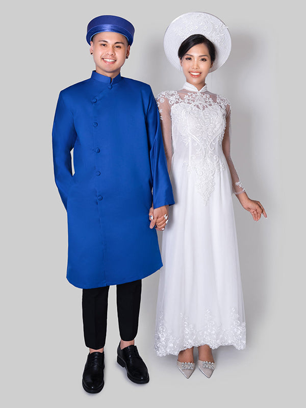 White Silk Women's & Blue Silk Men's Wedding Couple Vietnamese Ao Dai aodaistyle White Silk Women's & Blue Silk Men's Wedding Couple Vietnamese Ao Dai aodaistyle