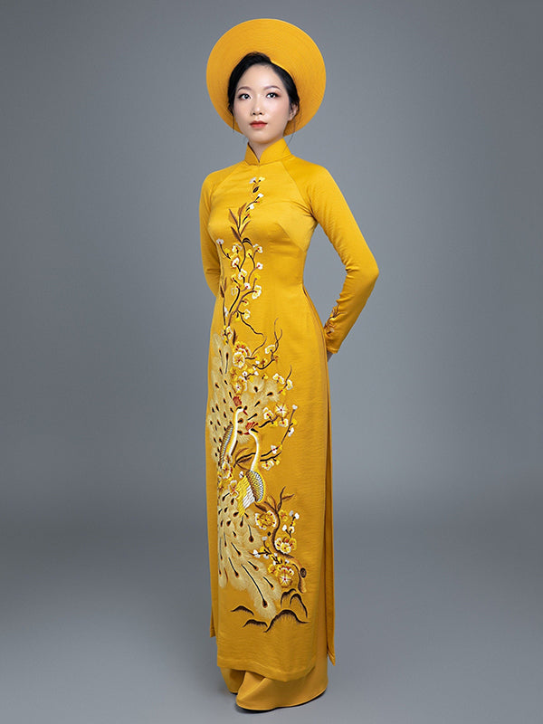 Custom Made Vietnamese Ao Dai Dress In Yellow With Embroidered Peacock aodaistyle Custom Made Vietnamese Ao Dai Dress In Yellow With Embroidered Peacock aodaistyle