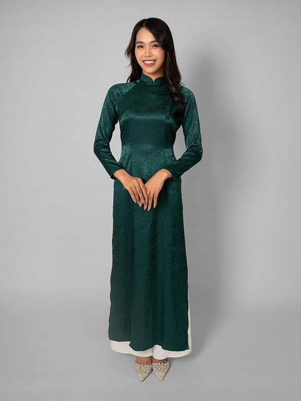 Dark Green Satin Ao Dai Vietnamese Dress aodaistyle Dark Green Satin Ao Dai Vietnamese Dress aodaistyle