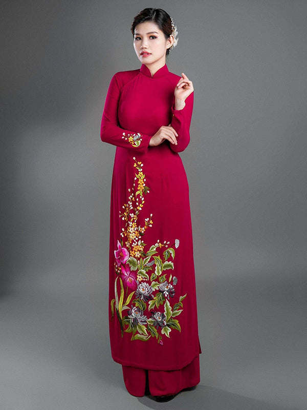Custom Ao Dai Vietnamese Traditional Dress In Burgundy Silk aodaistyle Custom Ao Dai Vietnamese Traditional Dress In Burgundy Silk aodaistyle