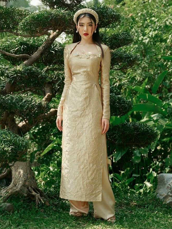 Family Ao Dai Gold Ao Dai Dress Women Girl Ao Dai Top Pants Men Boy Ao aodaistyle